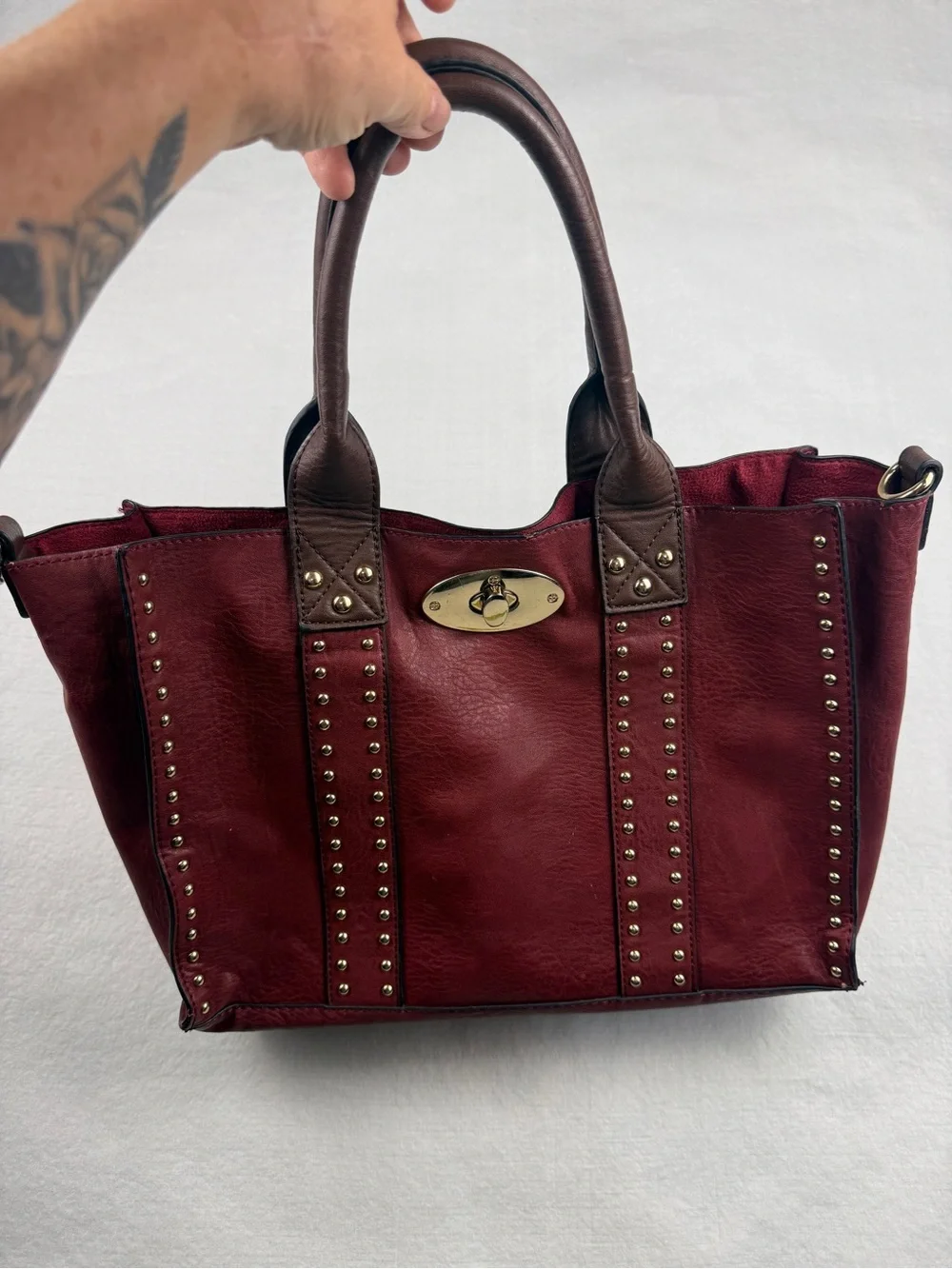 Burgundy Studded Satchel Bag Gold Hardware Structured Top Handle Tote
